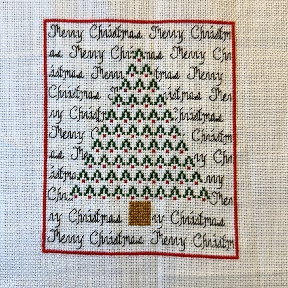 Vintage Christmas Tree + Merry Christmas Hand Cross Stitch Completed needlework